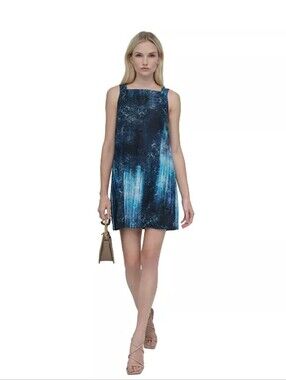 DKNY Blue Printed Shift Dress Size 6 Sleeveless Knee Length Bow NWT $138